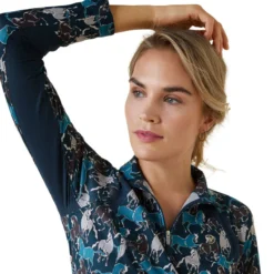 Ariat Womens Sunstopper 2.0 Quarter Zip Baselayer Mosaic Blue Reflections Print